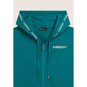 Tuta con zip e cappuccio, inserti a contrasto e dettagli logo