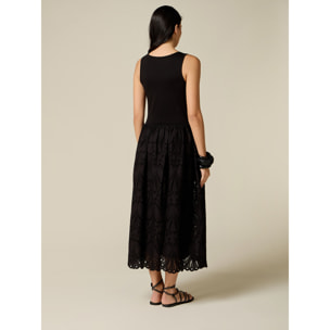 Oltre - Vestido largo con falda de bordado inglés - Negro