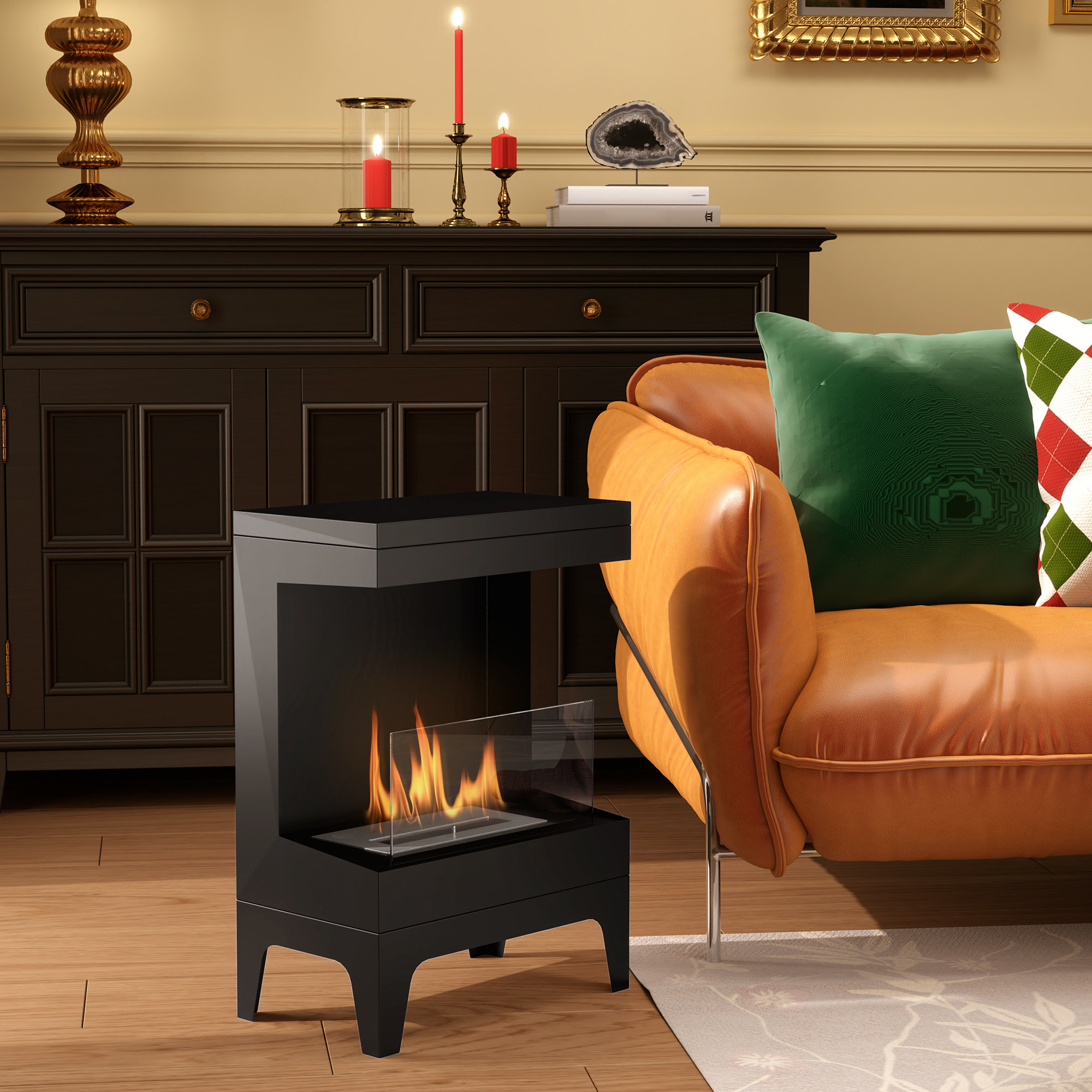 Chimenea de Bioetanol Estufa de Bioetanol de Pie con Tanque de 0,9 L Apagallamas de Acero Inoxidable Tiempo de Combustión 3,3H para Interiores 15-20 m² 38x22x54 cm Negro