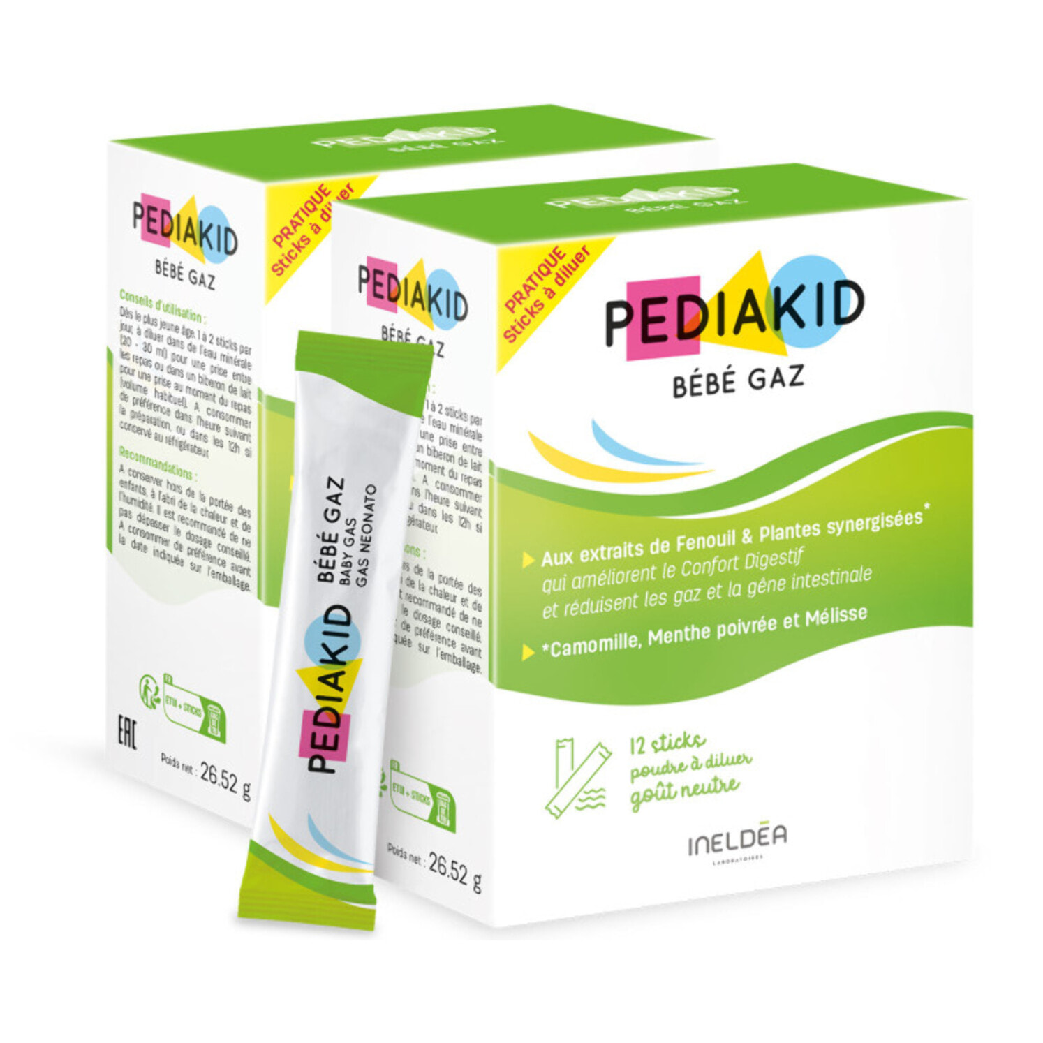 PEDIAKID - Bébé Gaz - Aux extraits de plantes & fibres - Aide à réduire les gaz et à améliorer le confort digestif - Dès la naissance - Format sticks de poudre à diluer facile à utiliser - Lot de 2