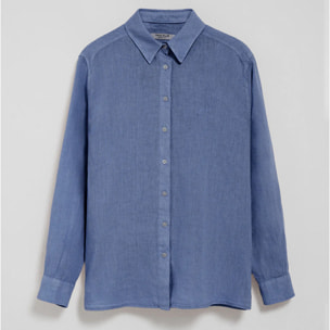 Camicia blu presidenziale in lino tinta in capo con monogramma ricamato