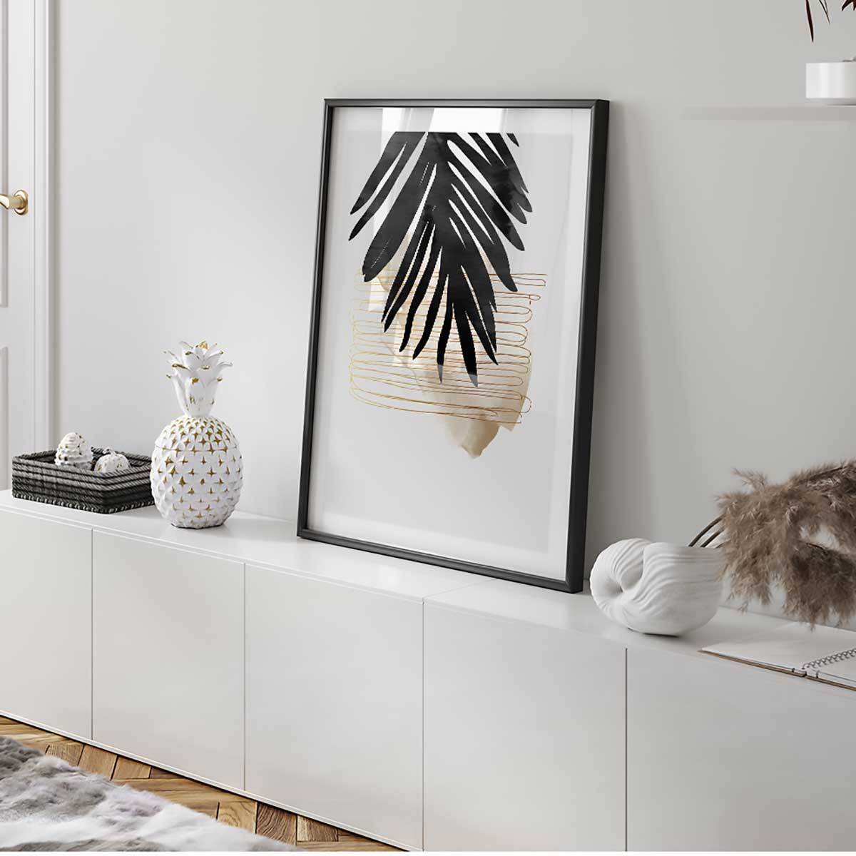 Affiche encadrée feuille tropicale abstraite élégante Affiche + cadre en métal - Noir