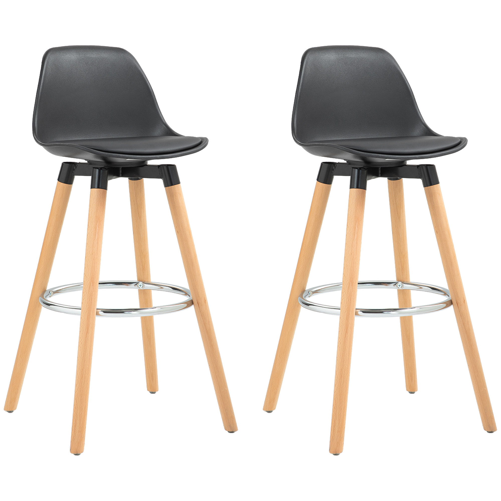 Juego de 2 Taburetes Altos de Cocina Altura Asiento 69 cm Taburetes de Bar Sillas Altas de Cocina Tapizado en PU con Respaldo Patas de Madera para Comedor Negro