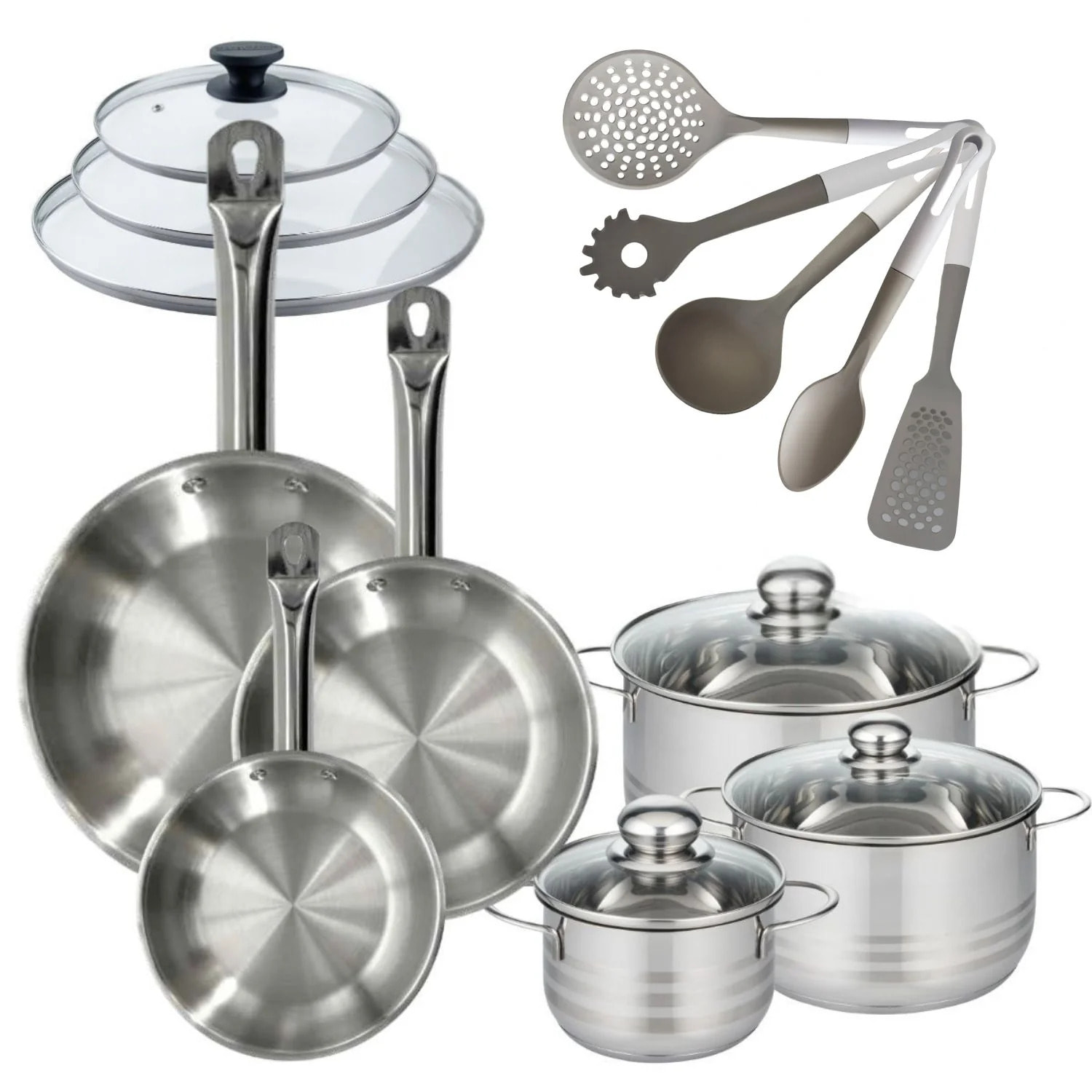 Lot 3 Poêles en inox 20/24/28 cm + couvercles Fackelmann Eterna avec 3 Faitouts 16/20/24 cm et 5 Ustensiles