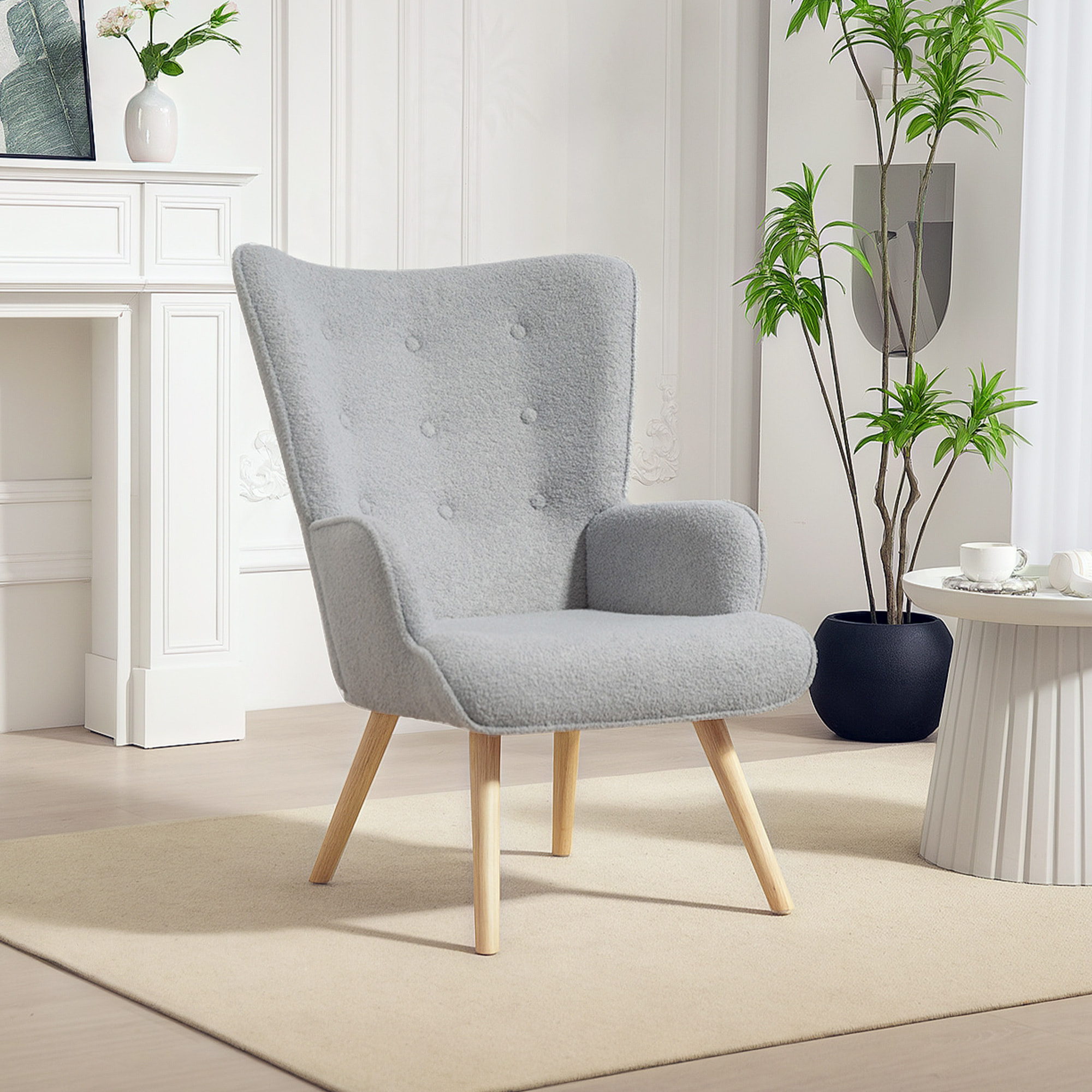 Fauteuil à oreilles style nordique piètement bois effet laine bouclée gris