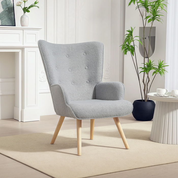 Fauteuil à oreilles style nordique piètement bois effet laine bouclée gris