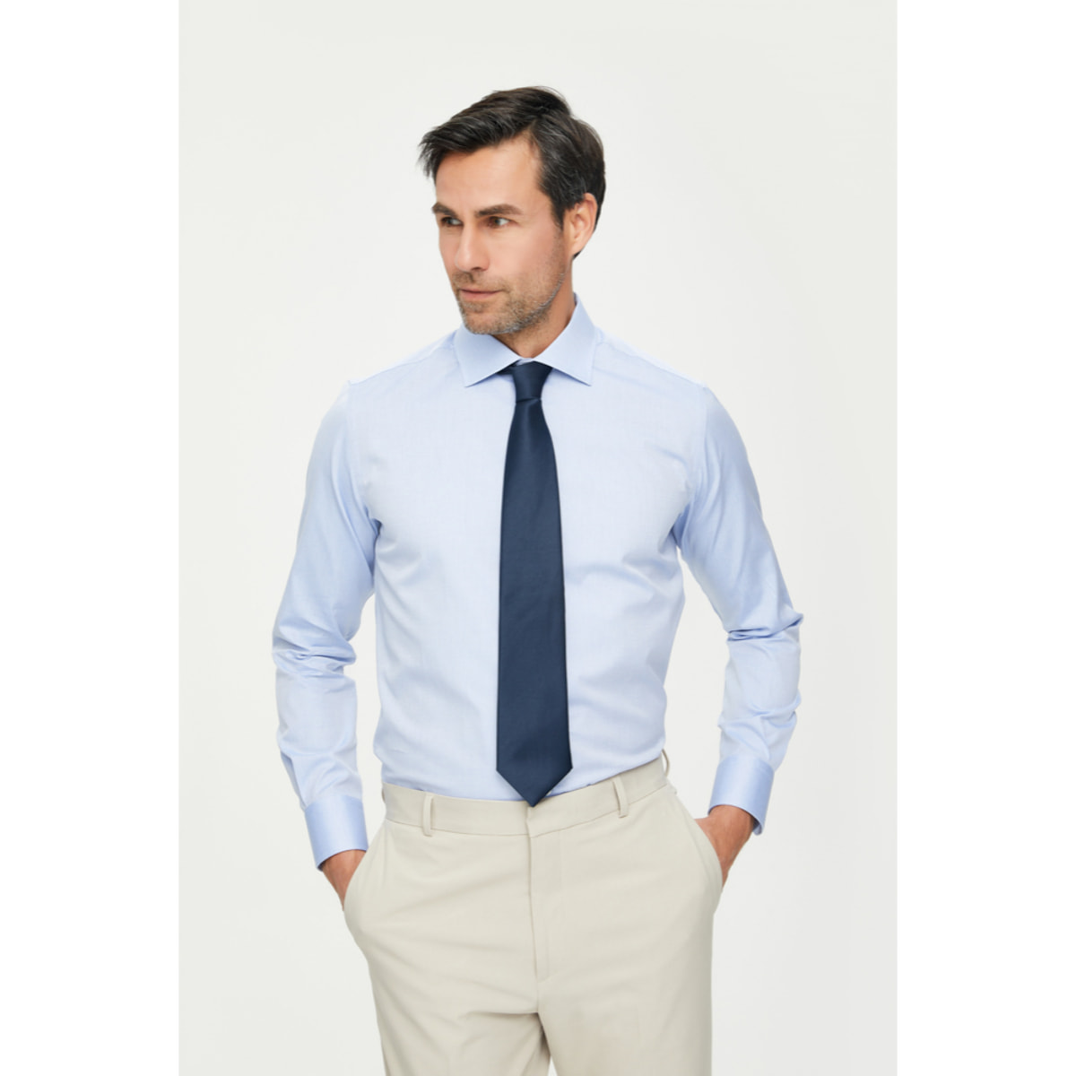 Camicia Uomo 1 Bottone Francese Slim Cotone Unito Blu