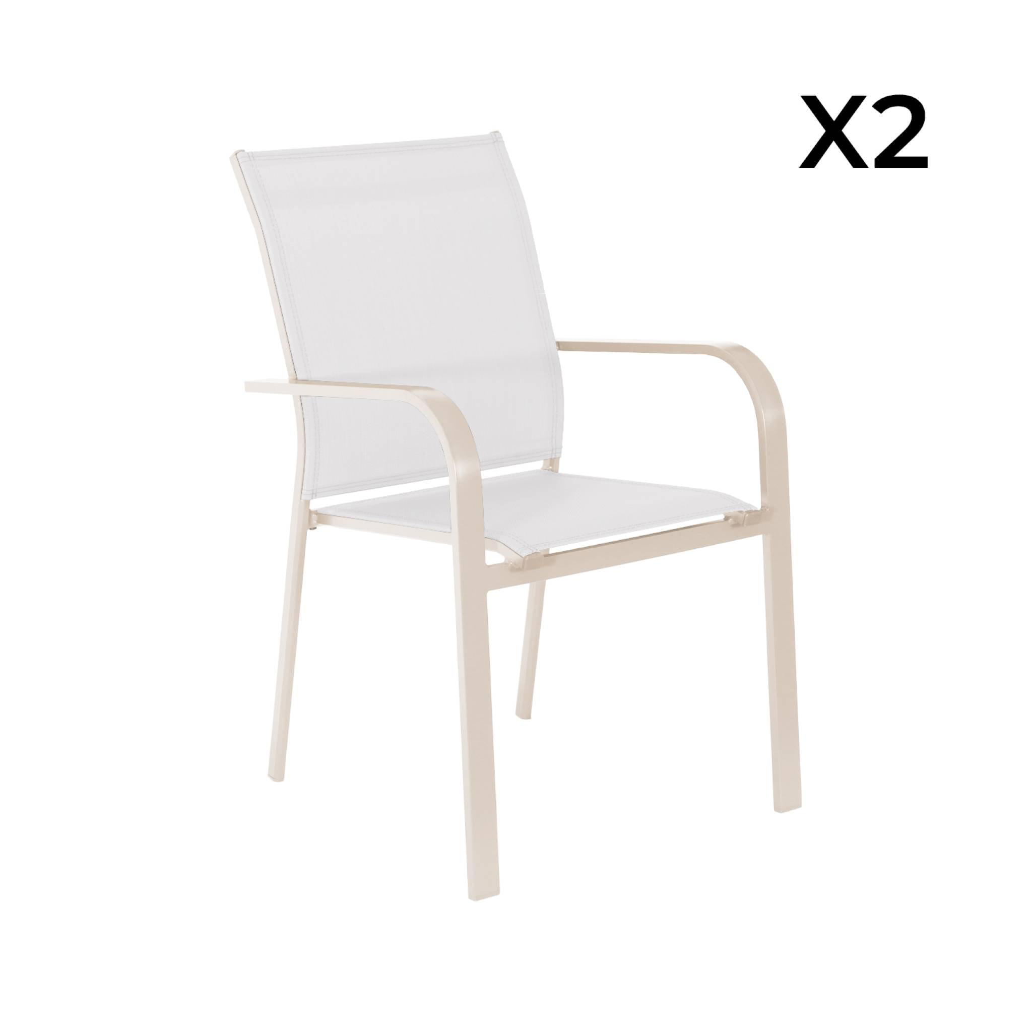 Lot de 2 fauteuils de jardin BUFFALO empilables aluminium et textilene beige. 64.5 x 45.5 x 89.5 cm