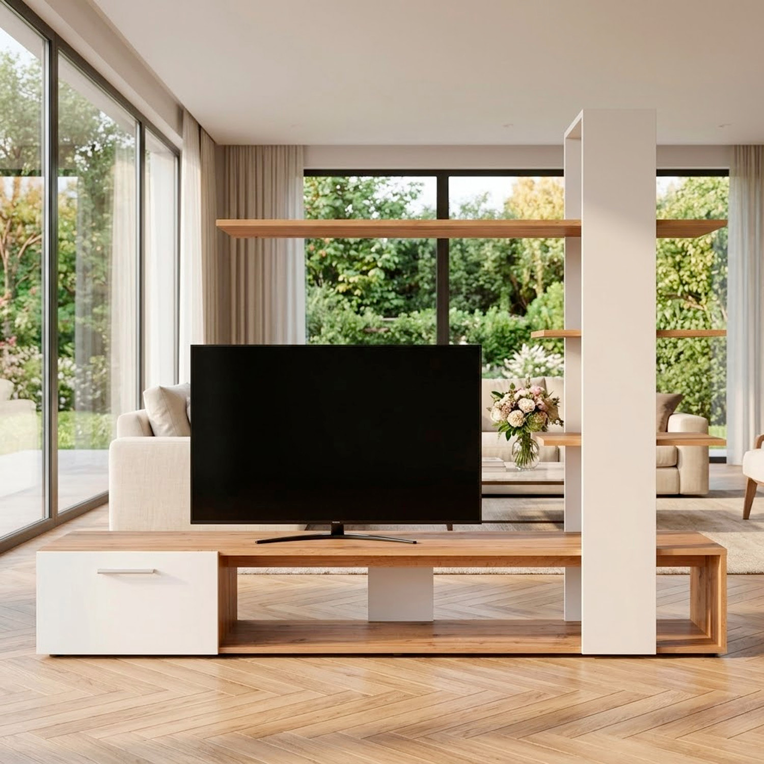 Parete Attrezzata Soggiorno Mobile Tv Ripiani Mensola Moderno Living Arredo Contemporaneo Contenitore Vani Salvaspazio 190x152x35 Cm Rovere E Bianco