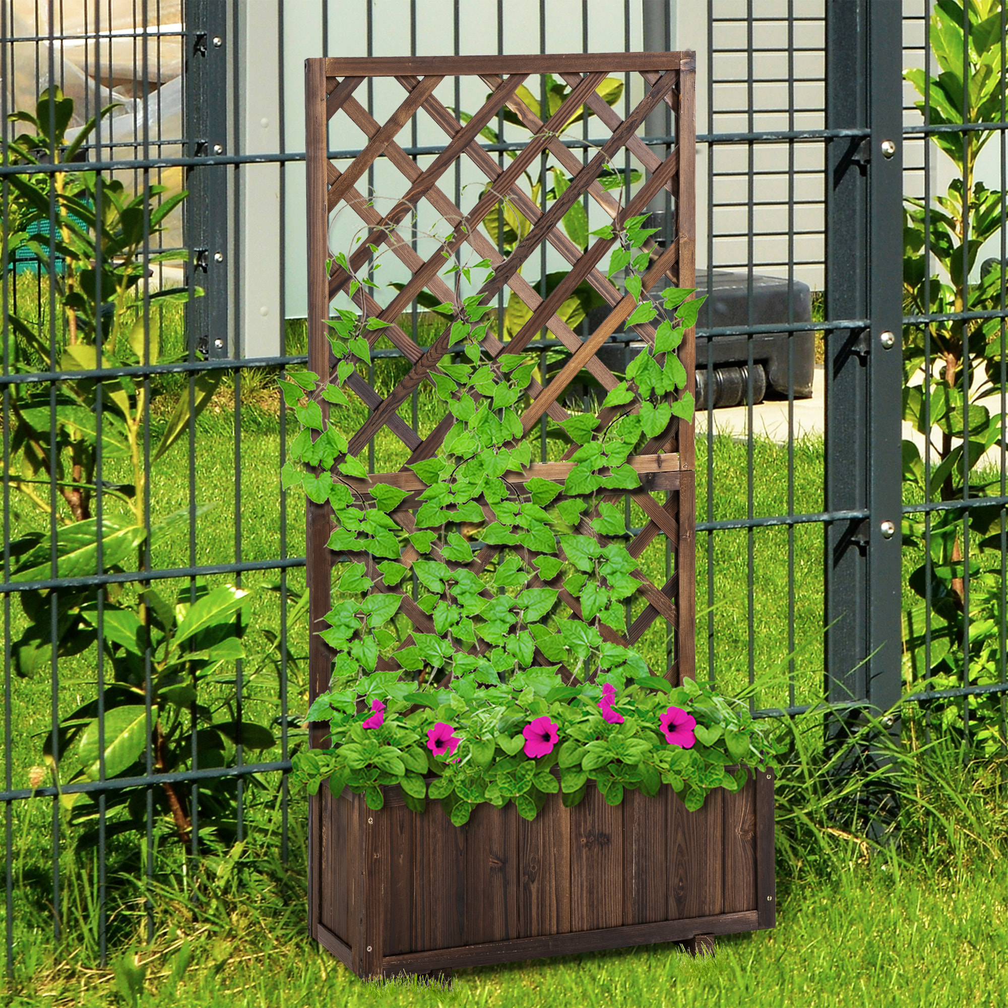 Jardinière avec treillis - bac à fleurs - jardinière sur pied - dim. 72,5L x 31,5l x 149,5H cm inserts d'irrigation inclus bois sapin traité carbonisation