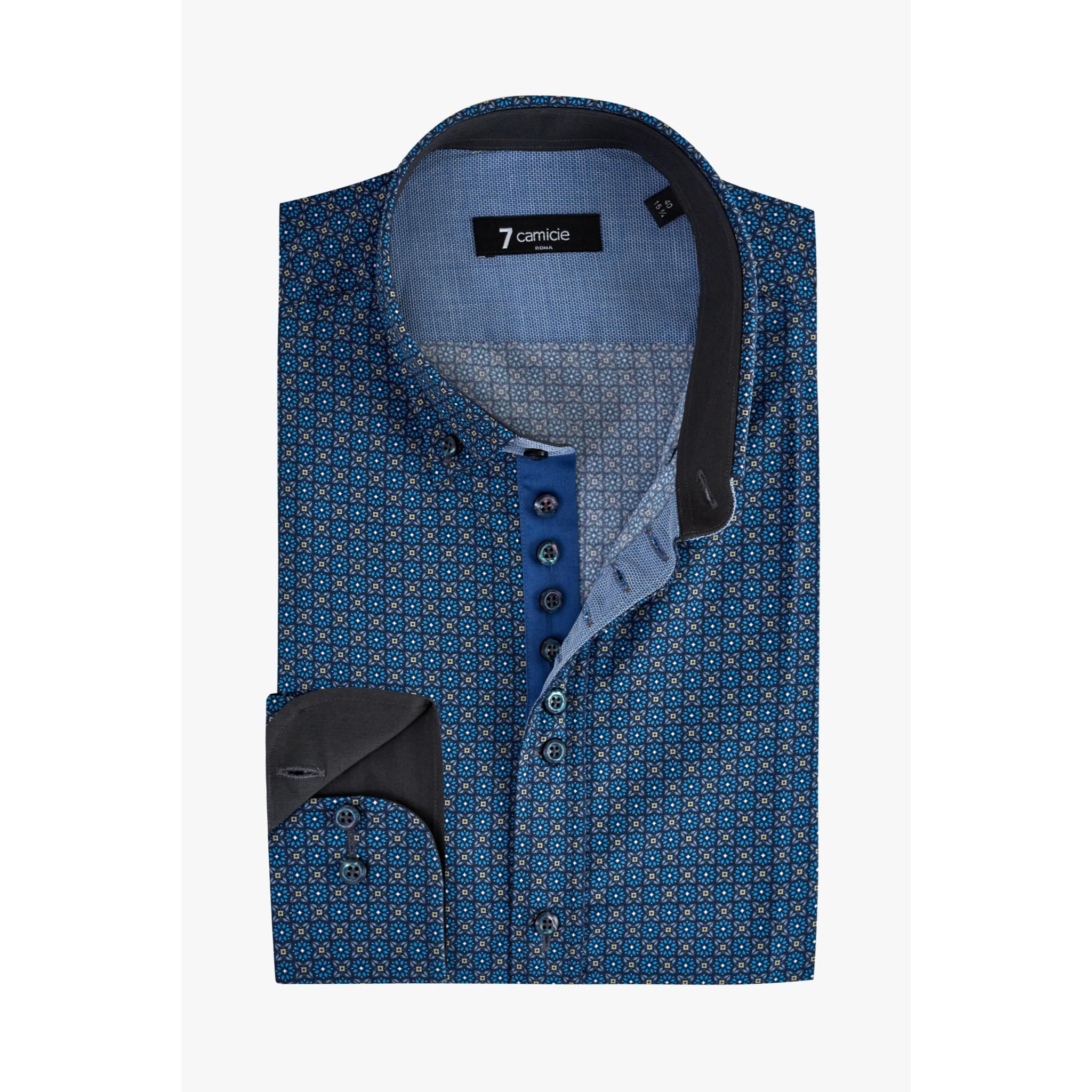 Camicia Uomo 1 Bottoni Button Down Slim Popeline Stampato Blu e Ocra