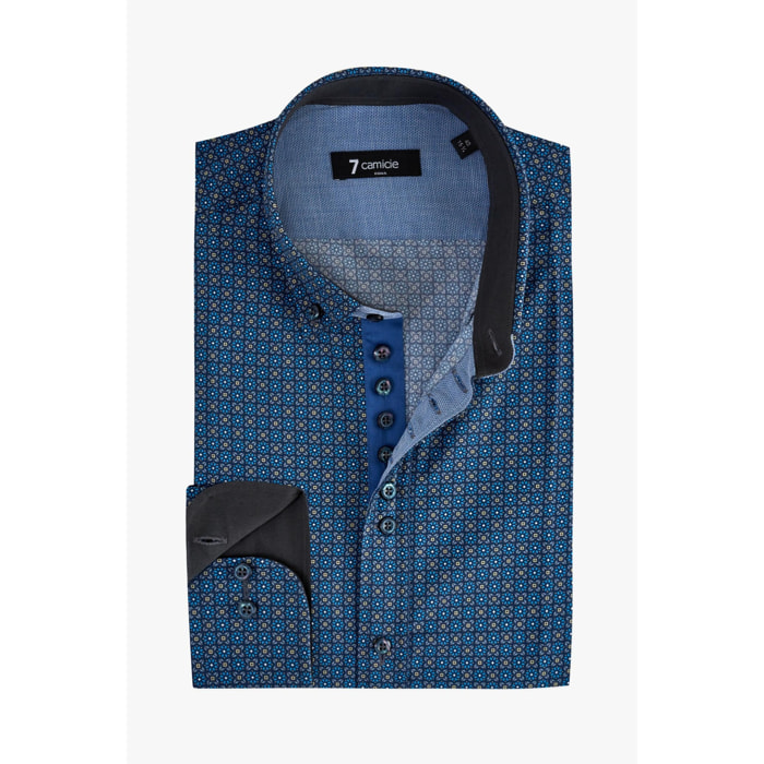 Camicia Uomo 1 Bottoni Button Down Slim Popeline Stampato Blu e Ocra