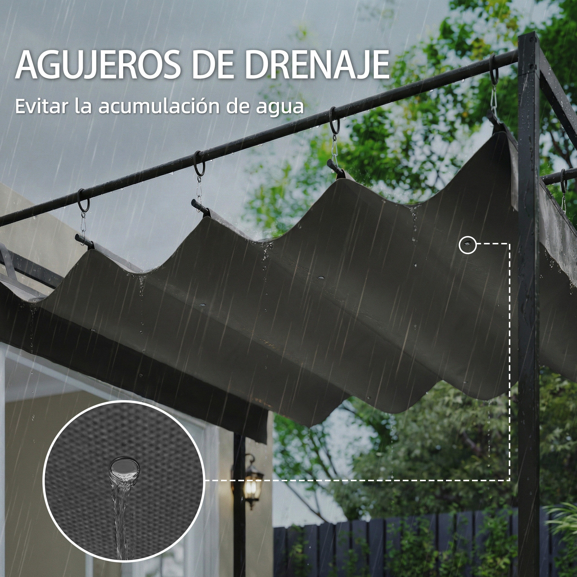 Pérgola de Pared de Jardín 3x3 m, Cenador de Jardín con Techo Retráctil, Protección UPF30+, Orificios de Drenaje y Estructura de Acero, Pabellón para Patio, Terraza, Exterior, Gris Oscuro