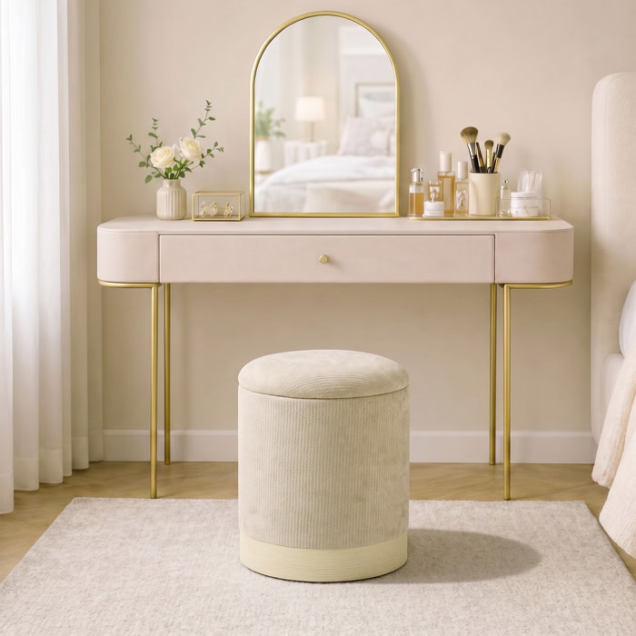 Pouf coffre design bicolore effet bois clair tissu beige dia. 38 x 45 cm