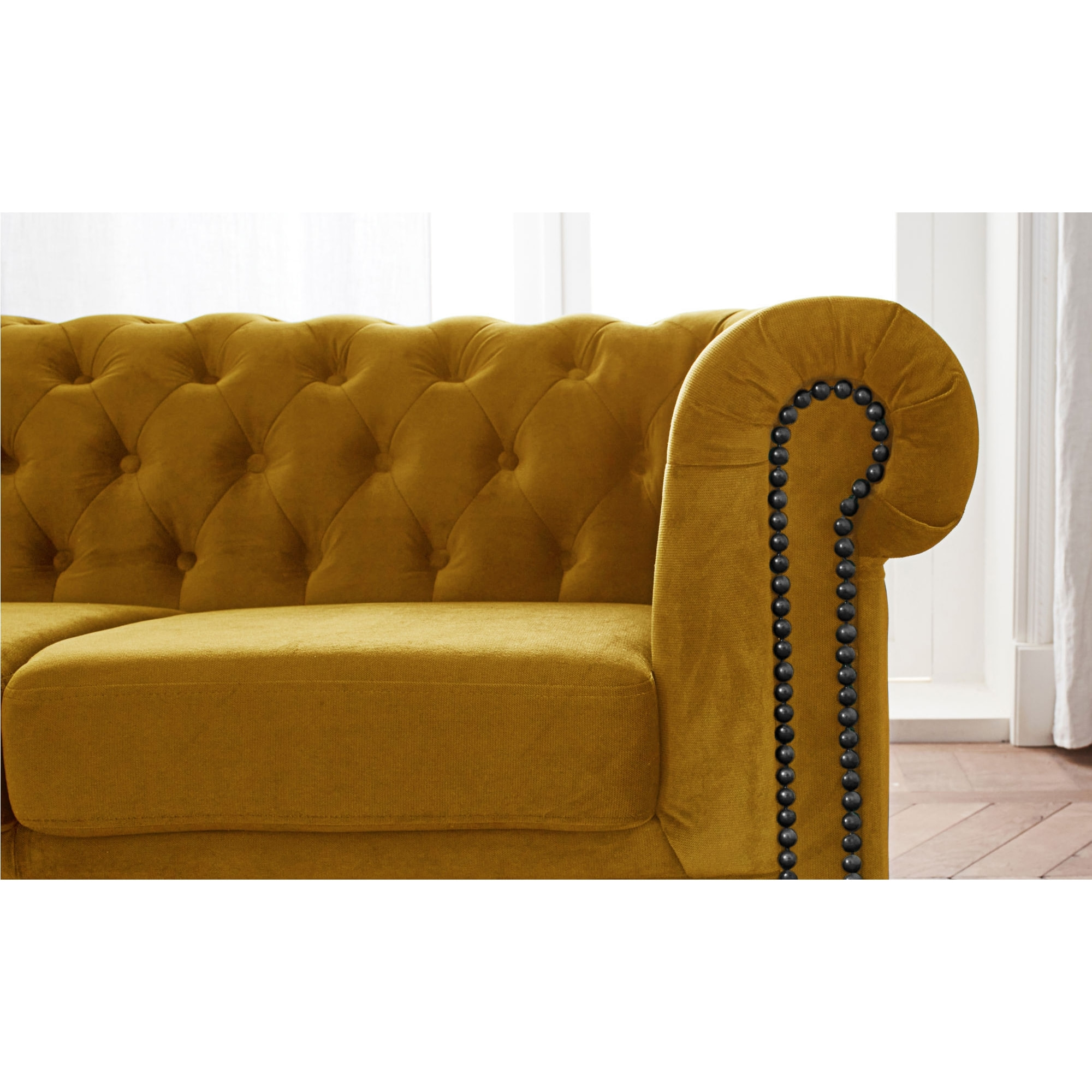 William - canapé Chesterfield d'angle gauche - 4 places - en velours - Jaune