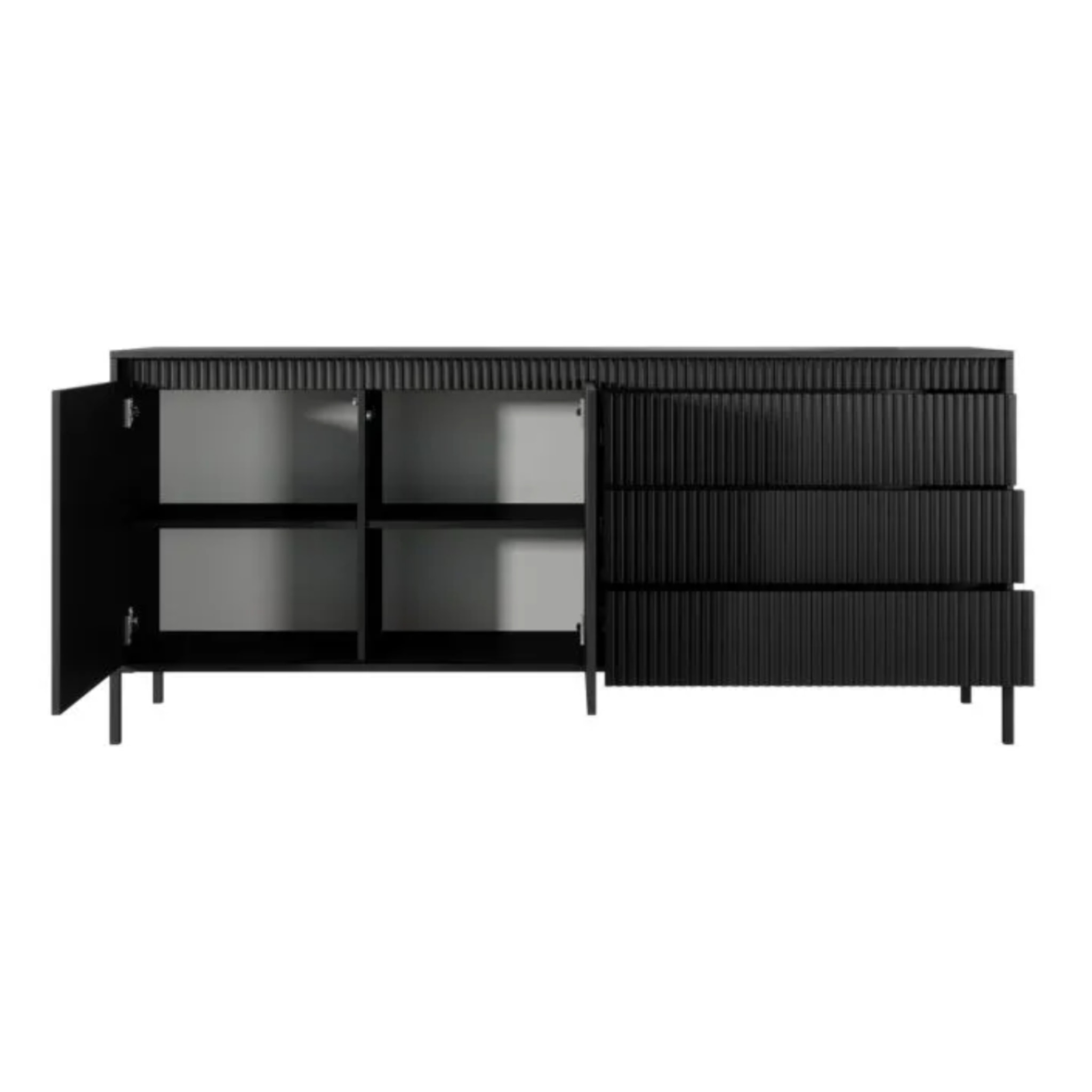 Madia Credenza 2 Ante 3 Cassetti Push To Open Con Ripiani E Vani Mobile Soggiorno Design Moderno Con Piedini In Metallo 187.1 x 81.4 x 39.5 Cm Nero