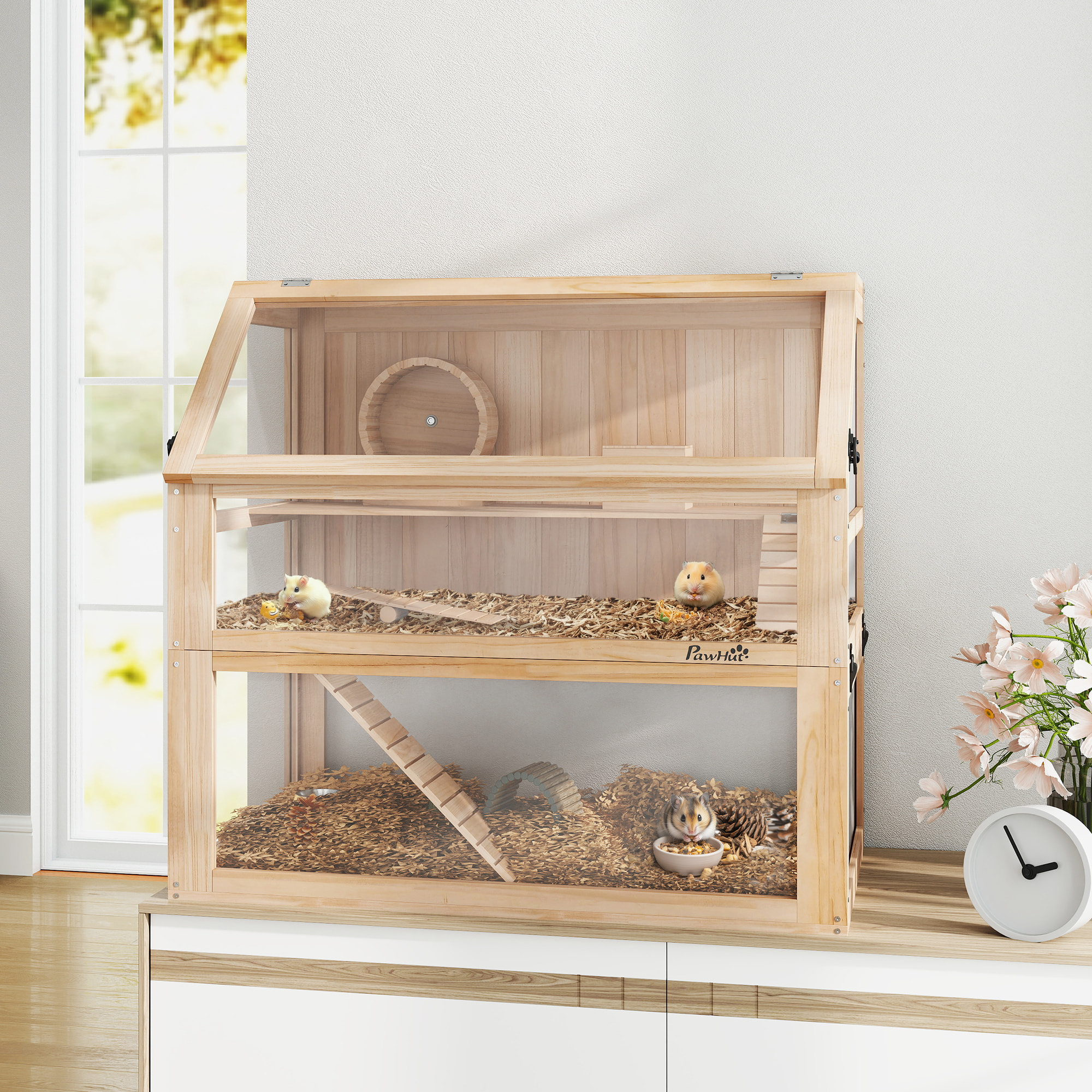 Cage rongeur hamster en bois dim.80x50x76cm 3 niveaux rampes roue bascule cabane