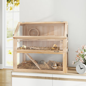 Cage rongeur hamster en bois dim.80x50x76cm 3 niveaux rampes roue bascule cabane