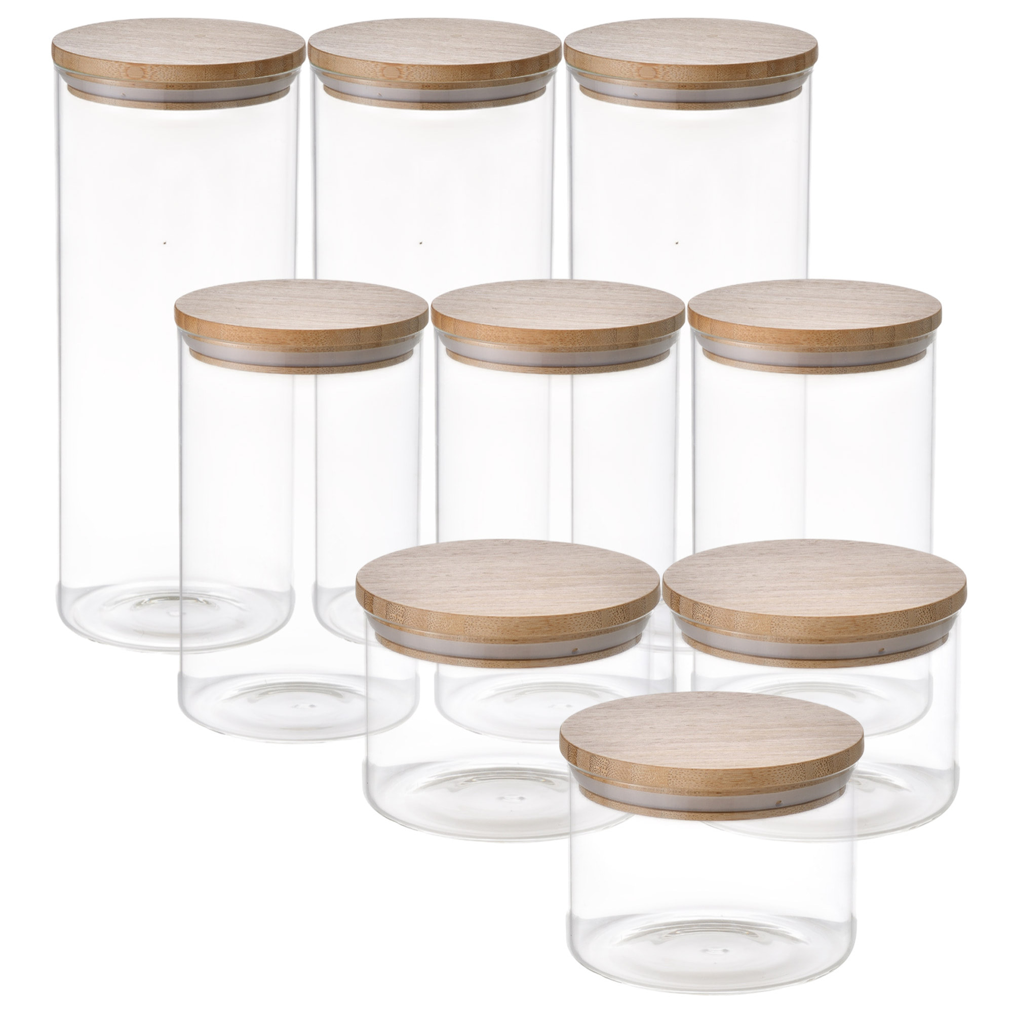 Set de 9 botes en borosilicato (3x 0,6l + 3x 1,4l + 3x 2,1l) para almacenaje de alimentos natur