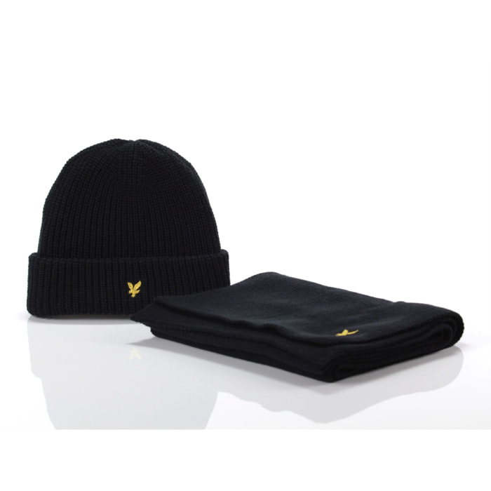 Cappelli Lyle & Scott Lambswool Ribbed Beanie and Scarf set Jet Black Nero