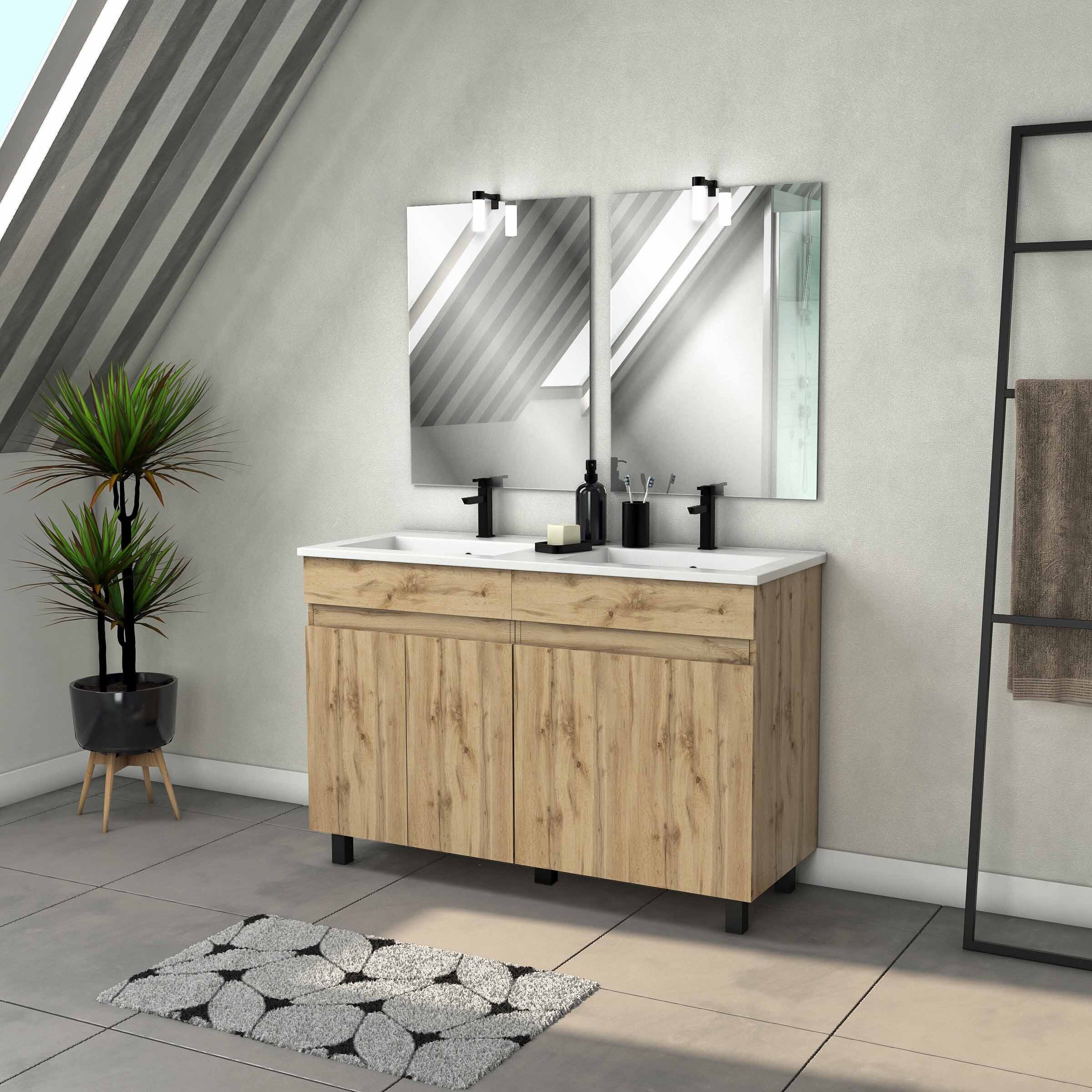 Meuble Salle de Bains 120cm 4 Portes Chêne Naturel + Vasque Blanche et Miroirs avec appliques Led