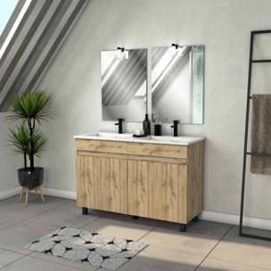 Meuble Salle de Bains 120cm 4 Portes Chêne Naturel + Vasque Blanche et Miroirs avec appliques Led