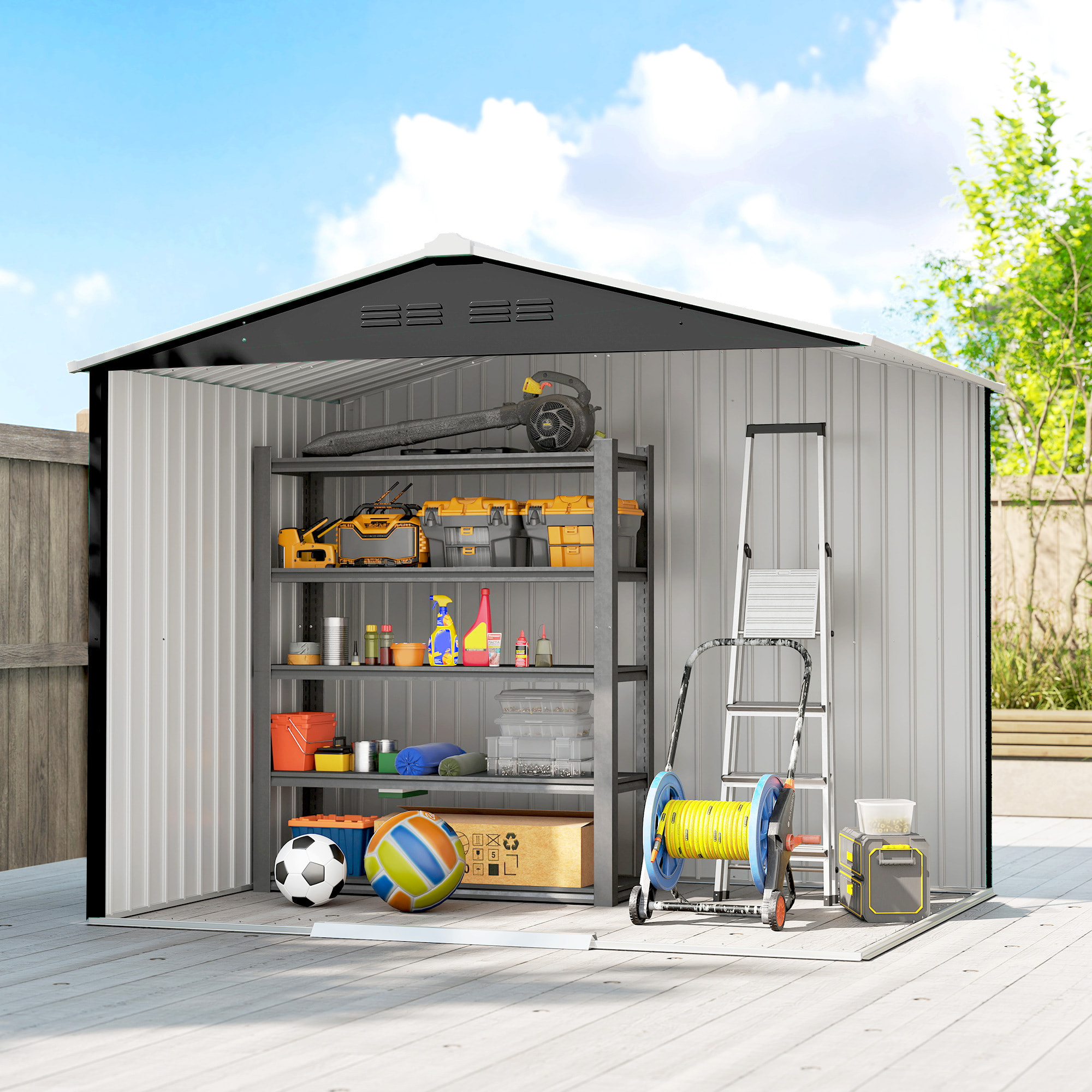 Caseta de Jardín Exterior 3,6 m², 236x171x191 cm, Cobertizo de Jardín Exterior Metálico con Puertas Correderas y Ranuras de Ventilación, para Almacenamiento de Herramientas, Gris Oscuro