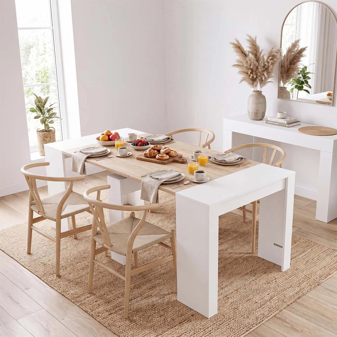 Mesa consola extensible en blanco artik y roble canadian 50-235x90 cm Denis Blanco Artik (Blanco Mate) - Roble Canadian