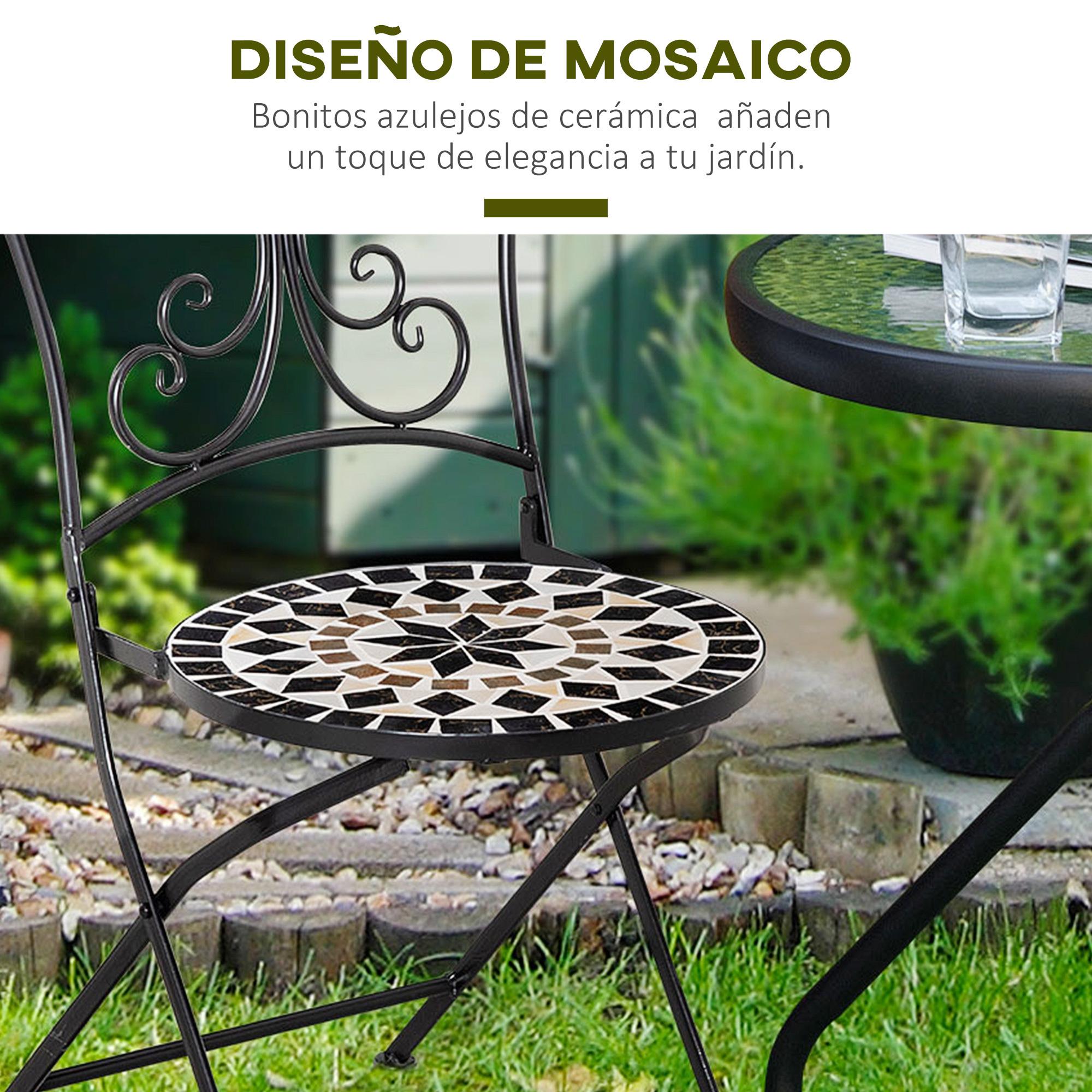 Juego de 2 Sillas de Jardín Plegables con Asiento de Mosaico Cerámico y Marco de Metal para Balcón Terraza Patio Carga 120 kg 40x50x92 cm Negro