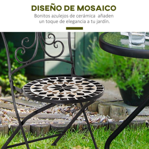 Juego de 2 Sillas de Jardín Plegables con Asiento de Mosaico Cerámico y Marco de Metal para Balcón Terraza Patio Carga 120 kg 40x50x92 cm Negro