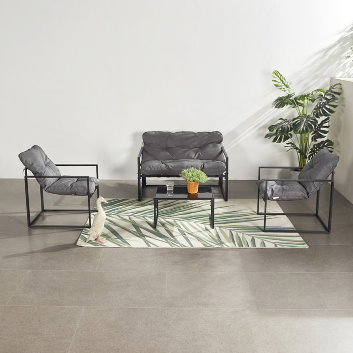 LANA Salon de jardin 4 places contemporain noir et coussins gris