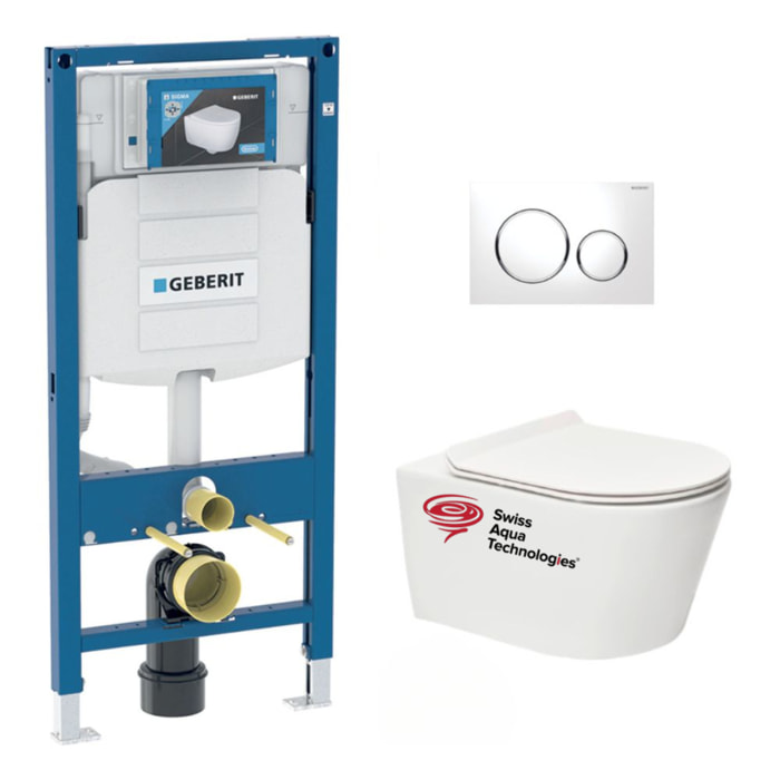Pack WC sans bride Brevis, fixations invisibles + Abattant slim softclose + Bâti Geberit UP320 + Plaque blanc/chromé