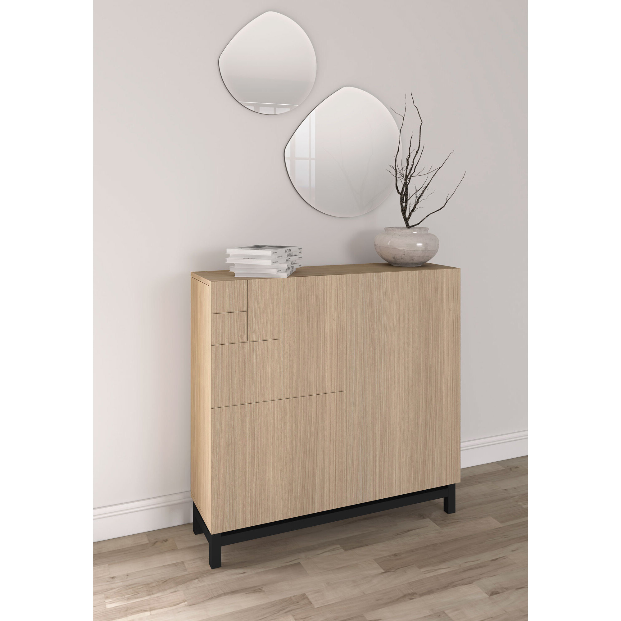 Zapatero Copenhague melamina nogal claro patas negro 90x90x27 cm