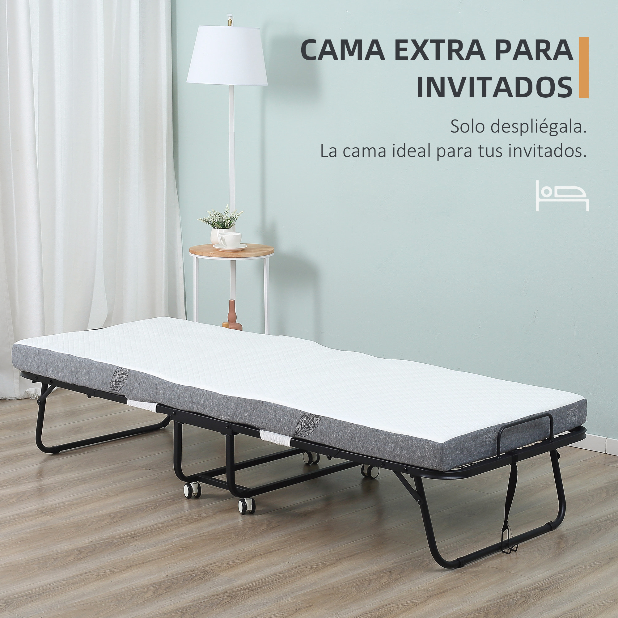 Cama Plegable 200x90x42,5 cm con Colchón Individual Ruedas para Salón Oficina