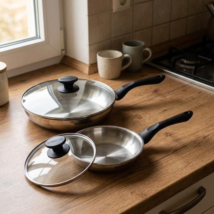 Set 2 poêles en inox et couvercles verres Fackelmann Geneva