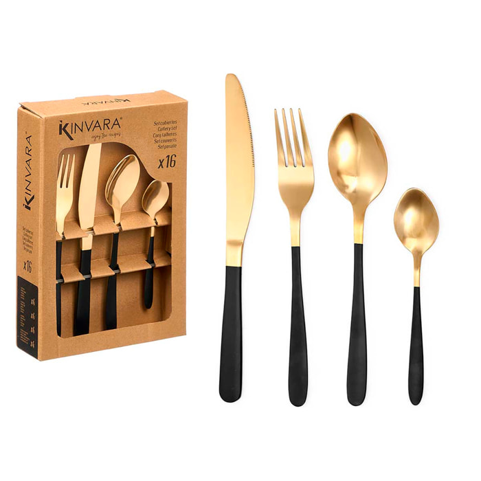 Set de 16 cubiertos en colores negro y oro.