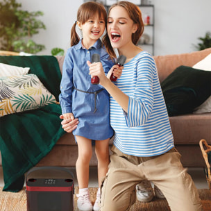 Kit karaoke con altoparlante Bluetooth e 2 microfoni. 10 W, batteria integrata.