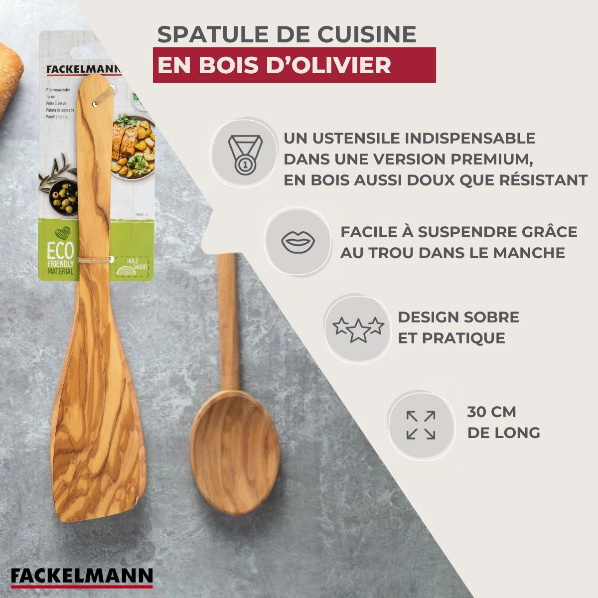 Ensemble de 2 Spatules de cuisine 30 cm Fackelmann Édition Bois d'olivier