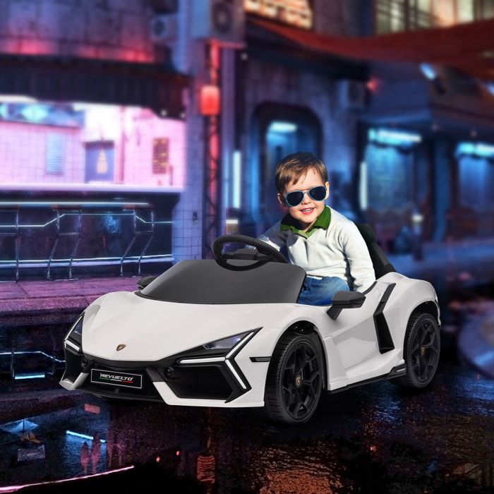 Coche Eléctrico para Niños de +3 Años Lamborghini Revuelto Carro Eléctrico Infantil con Batería 12V Mando a Distancia Faros LED Bocina Música y Ruedas Auxiliares Blanco