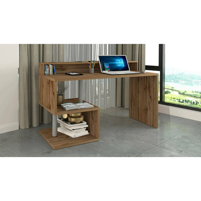 Scrivania Kobenhavn, Scrittoio lineare con ripiani portaoggetti, Scrivania ufficio multiuso con sopralzo, 140x60h93 cm, Rovere