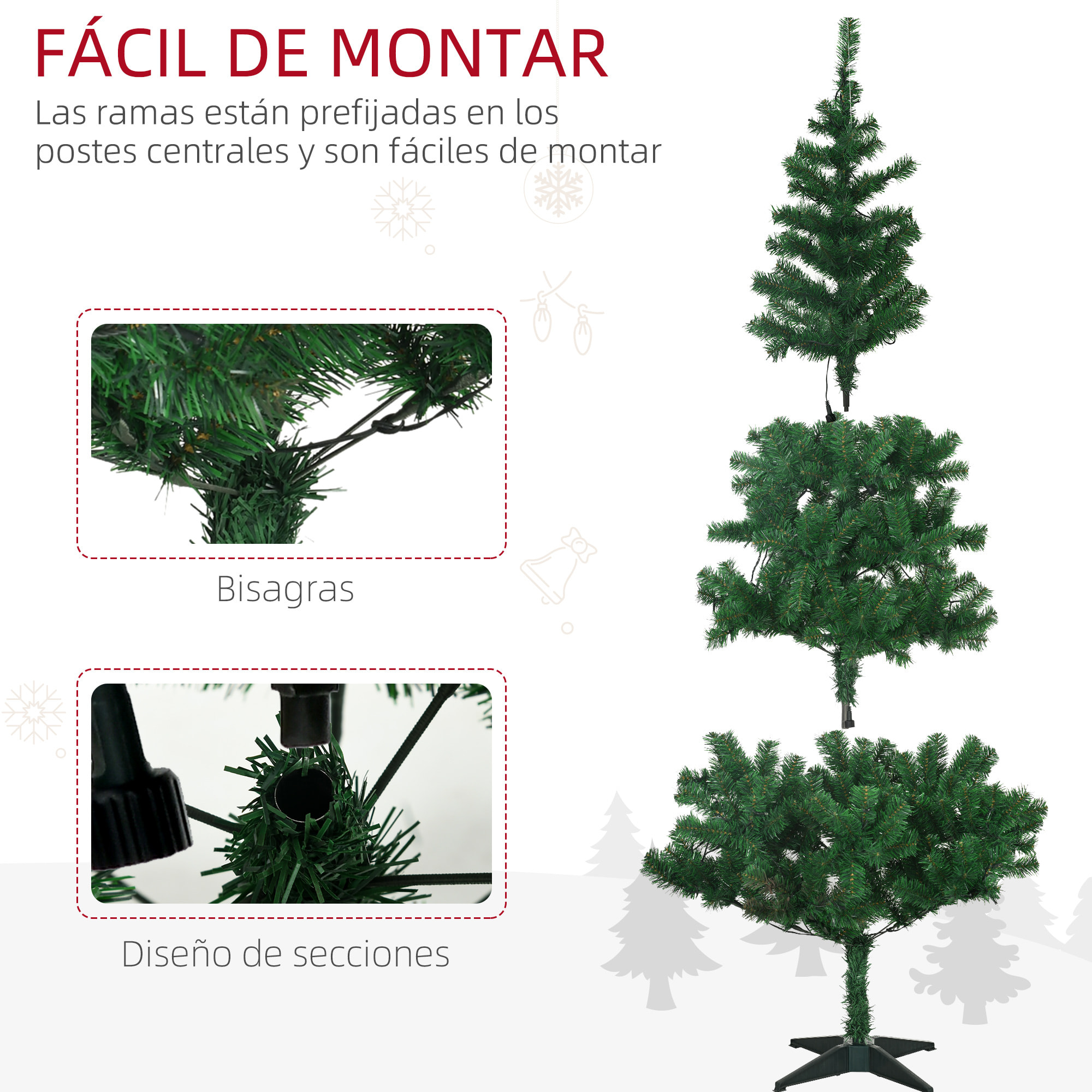 Árbol de Navidad Artificial 180 cm con 150 Luces LED con 8 Modos de Iluminación Árbol de Navideño de 480 Ramas con 100 Decoraciones Soporte de Acero Ø86x180 cm Verde