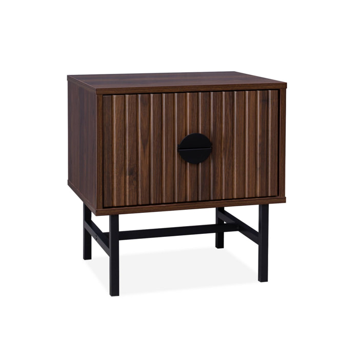 Table de chevet effet bois foncé décor bois rainuré. un tiroir. L 48 x l 39 x H 50cm