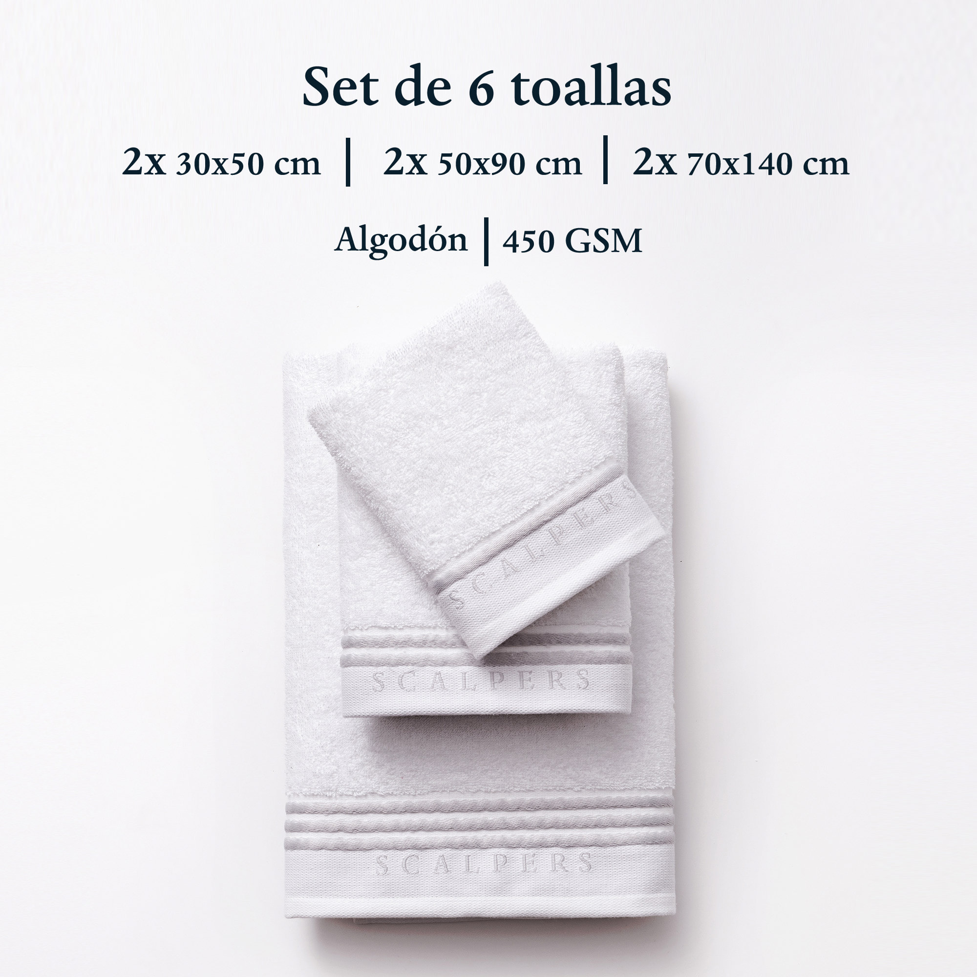 Set 6 toallas baño (2x tocador 30x50cm + 2x manos 50x90cm + 2x baño 70x140cm) 450gsm en algodón blanco con gris scalpers home
