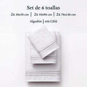 Set 6 toallas baño (2x tocador 30x50cm + 2x manos 50x90cm + 2x baño 70x140cm) 450gsm en algodón blanco con gris scalpers home