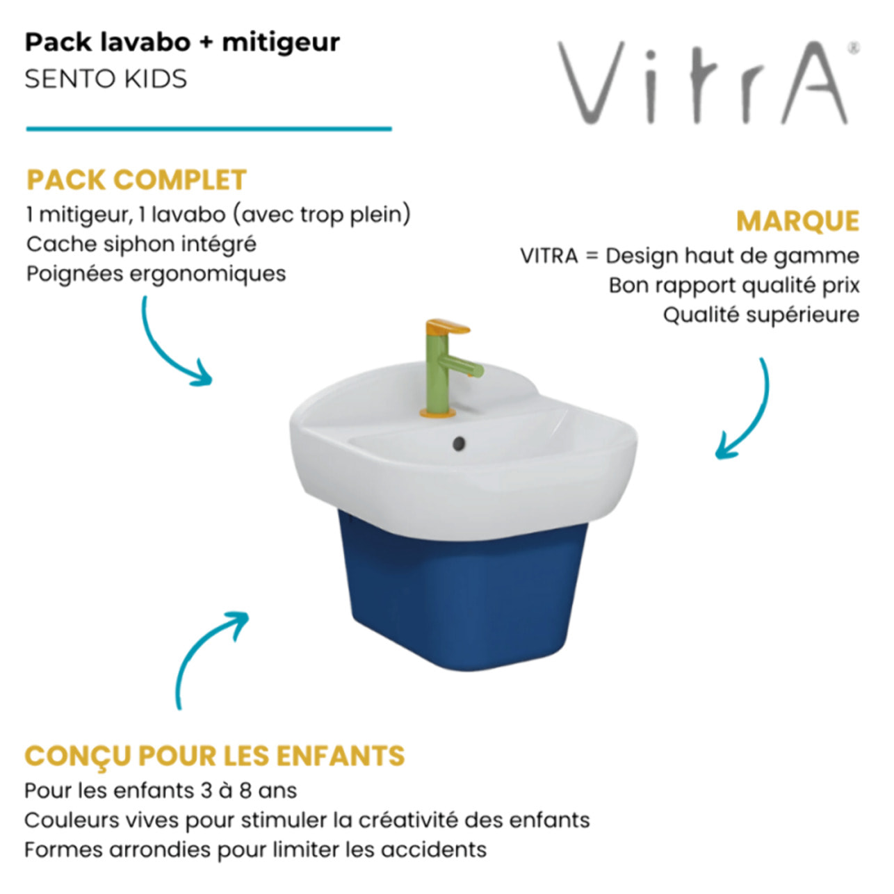 Lavabo pour enfant VITRA Sento Kids 45 cm + Mitigeur lavabo jaune et vert