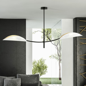 Lampada a sospensione Lotus in acciaio nero con paralumi bianco e oro