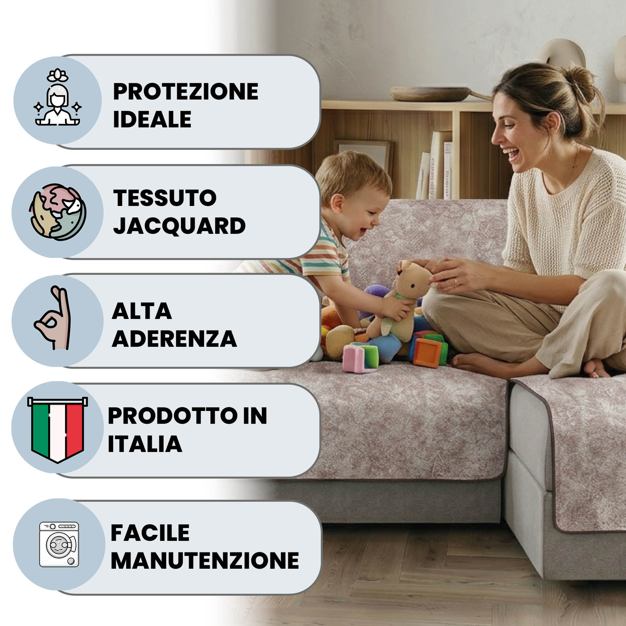 COPRIDIVANO GLAMOUR con Penisola DESTRA, Antiscivolo, Cotone+Microfibra+Fibre Varie, Made in Italy - MARRONE