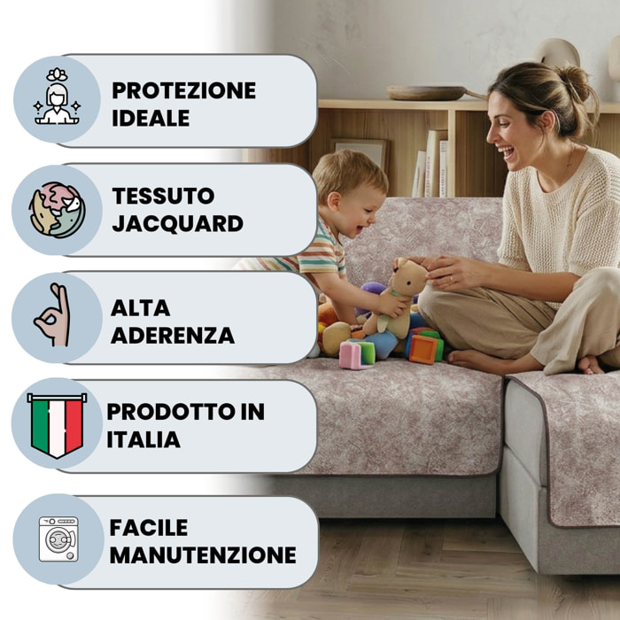 COPRIDIVANO GLAMOUR con Penisola DESTRA, Antiscivolo, Cotone+Microfibra+Fibre Varie, Made in Italy - MARRONE