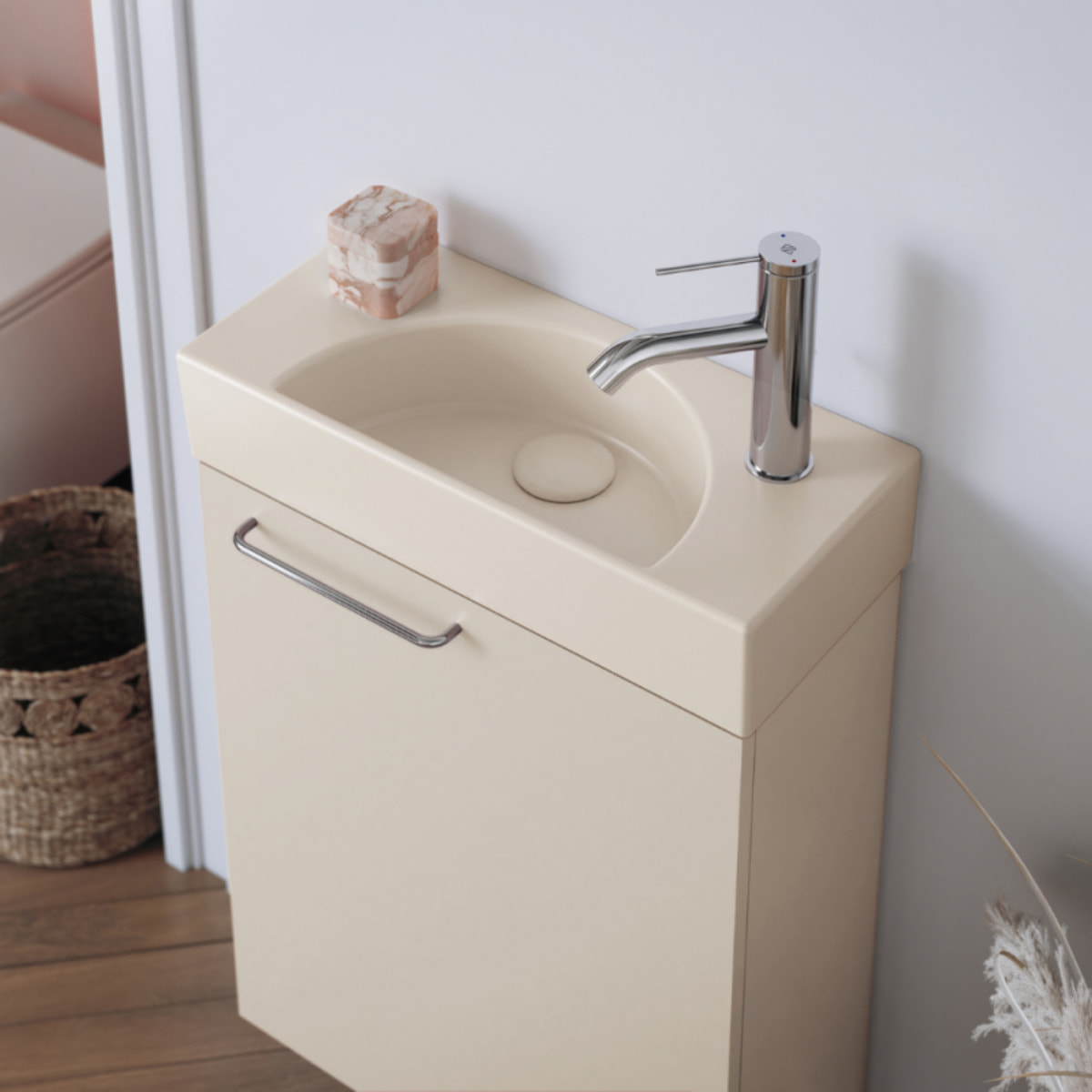 Lave-mains compact 50 cm Odéon Rive Gauche 1 trou de robinetterie à droite lin satiné