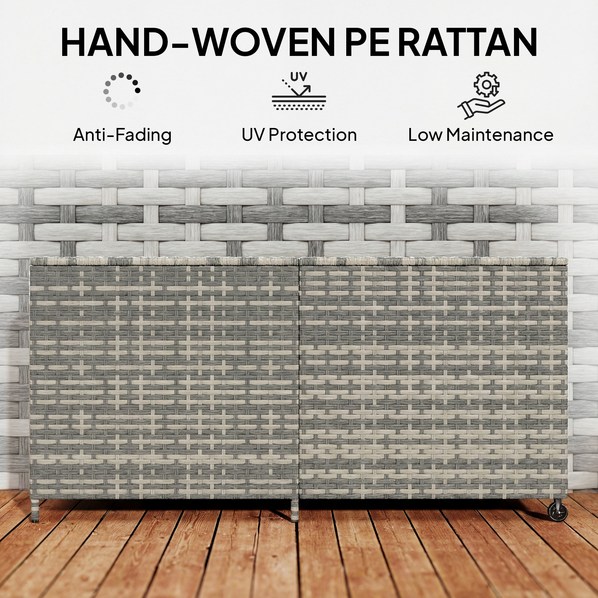 Coffre de jardin résine tressée 650L doublure zippée vérins pneumatiques gris